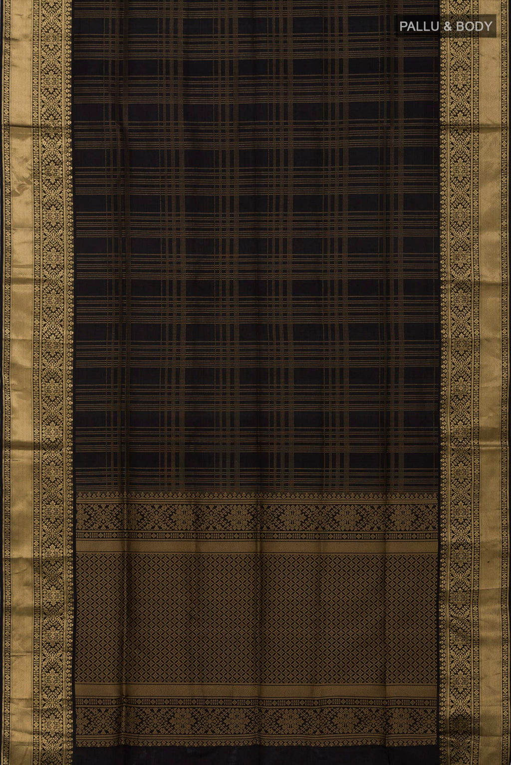 Flat view of Black Soft Silk Saree with Checked design on the body and Zari Border. 