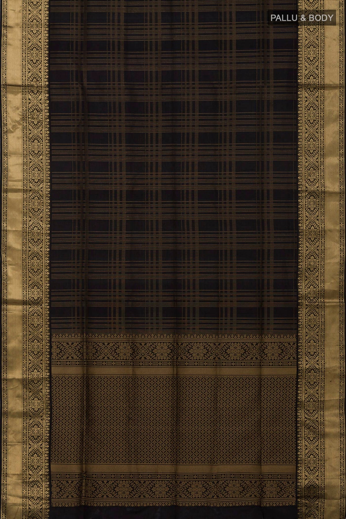 Flat view of Black Soft Silk Saree with Checked design on the body and Zari Border. 