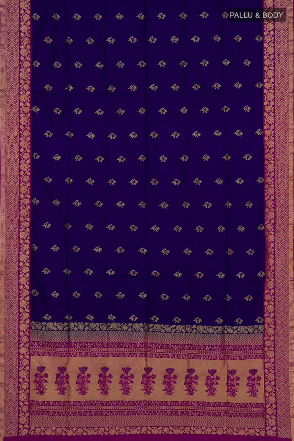 Flat view of Blue Soft Silk Saree with Jacquard With Zari Butta on the body and Fancy Border. 