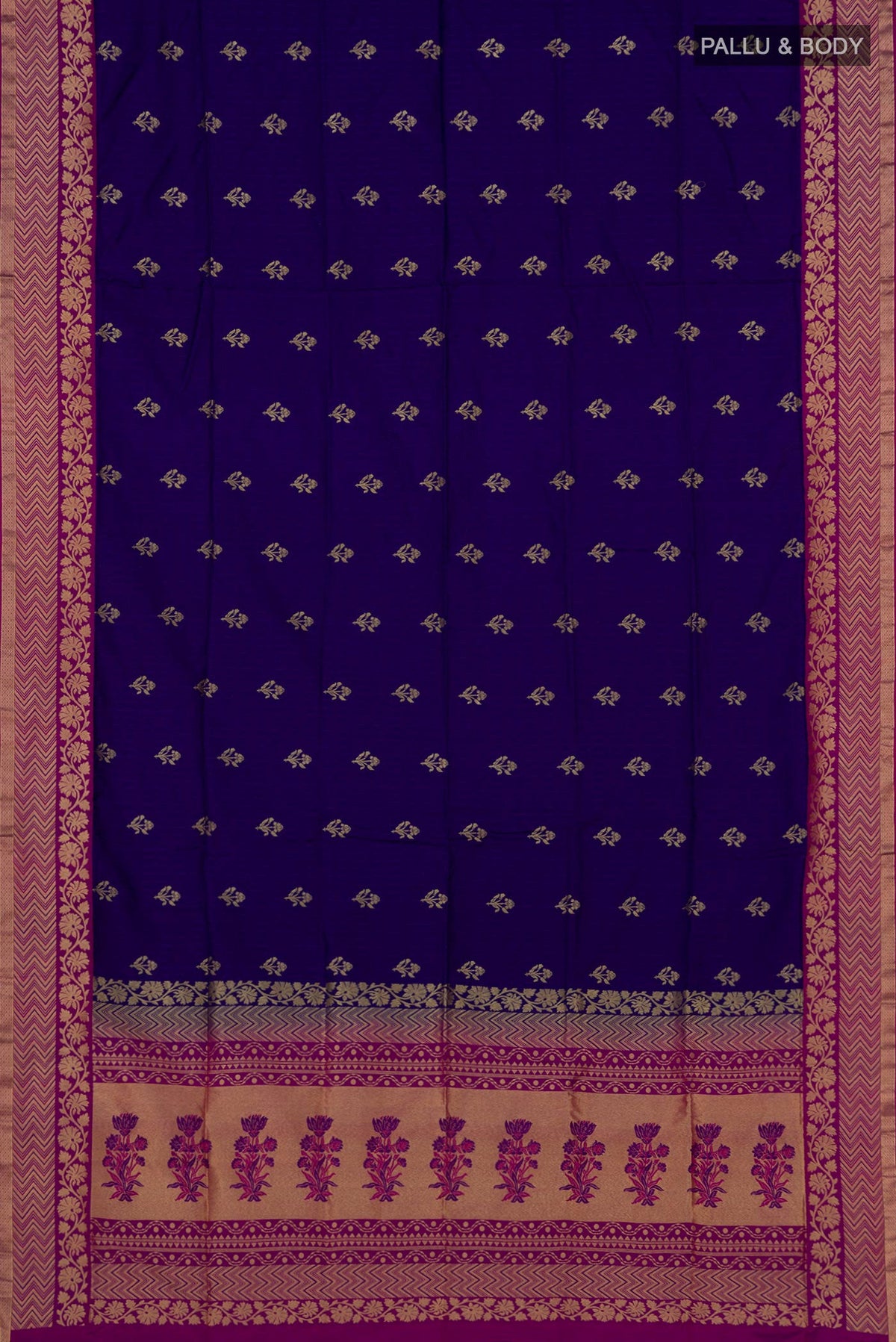 Flat view of Blue Soft Silk Saree with Jacquard With Zari Butta on the body and Fancy Border. 