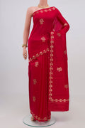 Red Banarasi Katan Silk Saree with Zari Butta on the body and Zari Border.  displayed on a mannequin