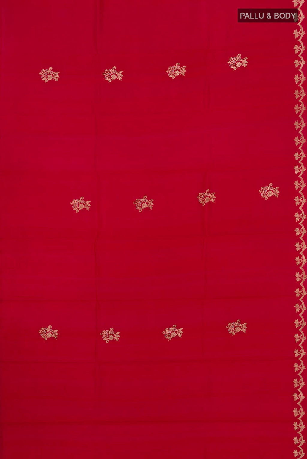 Flat view of Red Banarasi Katan Silk Saree with Zari Butta on the body and Zari Border. 