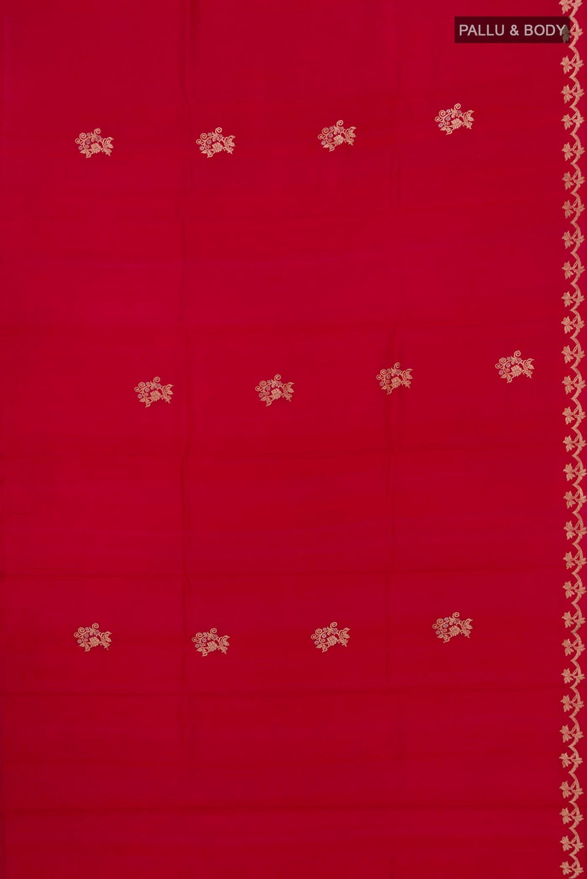 Flat view of Red Banarasi Katan Silk Saree with Zari Butta on the body and Zari Border. 