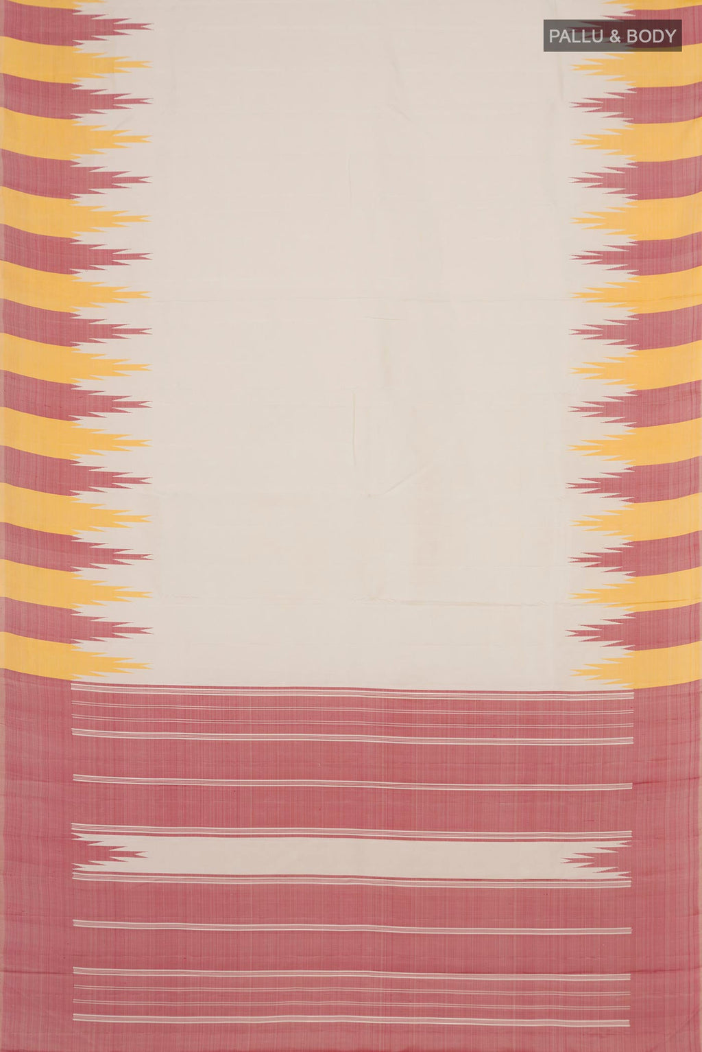 Flat view of Off White Kanchipuram Silk Saree with Plain Body and Temple Border. 