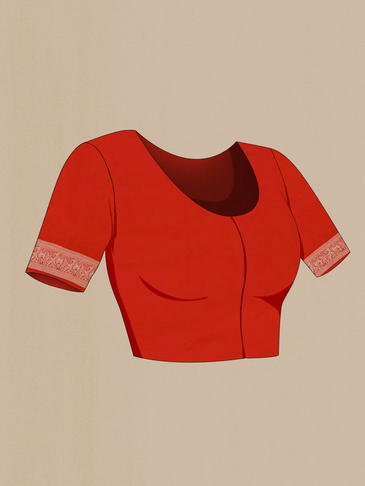Close up image of the blouse of Red Banarasi Saree with Zari Brocade on the body and Zari Border. 