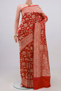 Red Banarasi Saree with Zari Brocade on the body and Zari Border.  displayed on a mannequin