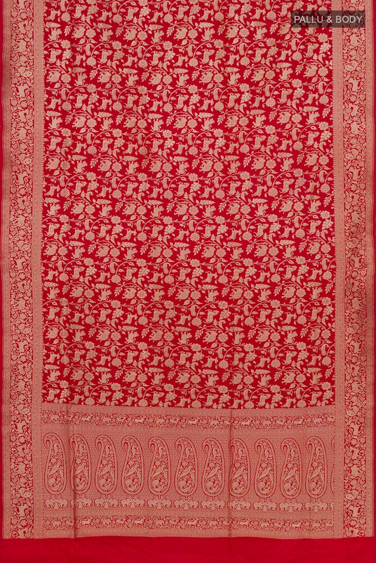 Flat view of Red Banarasi Silk Saree with Zari Brocade on the body and Zari Border. 