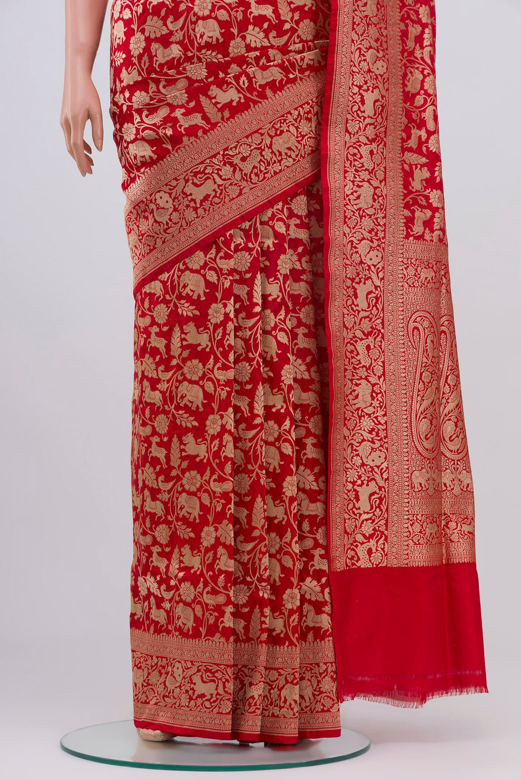 Pleats and pallu of Red Banarasi Silk Saree with Zari Brocade on the body and Zari Border. 