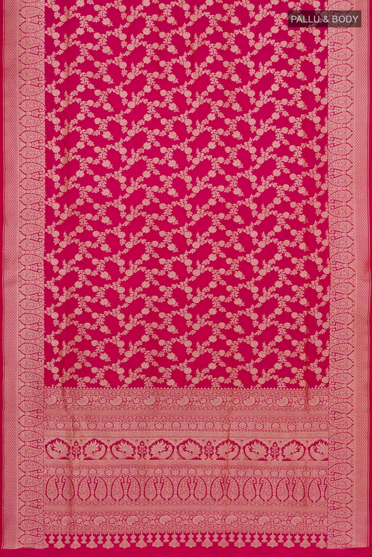 Flat view of Pink Banarasi Silk Saree with Zari Brocade on the body and Zari Border. 