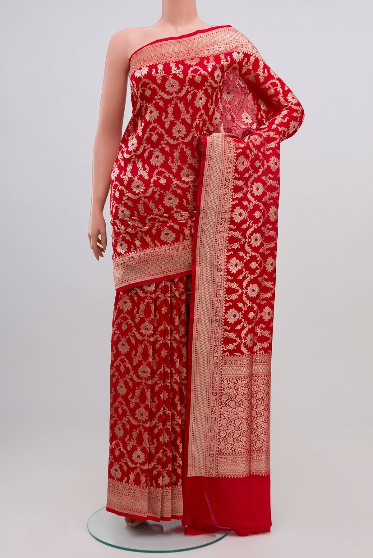 Red Banarasi Silk Saree with Zari Brocade on the body and Zari Border.  displayed on a mannequin