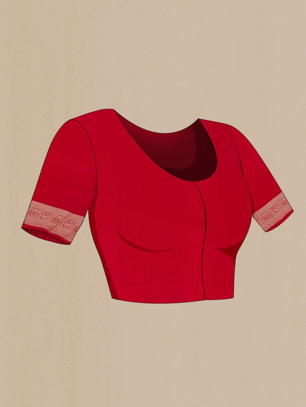 Close up image of the blouse of Red Banarasi Silk Saree with Zari Brocade on the body and Zari Border. 