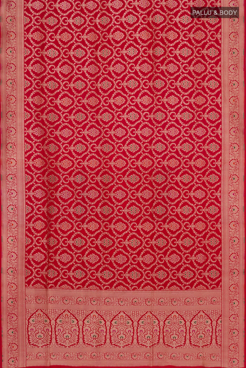 Flat view of Red Banarasi Silk Saree with Zari Brocade on the body and Zari Border. 