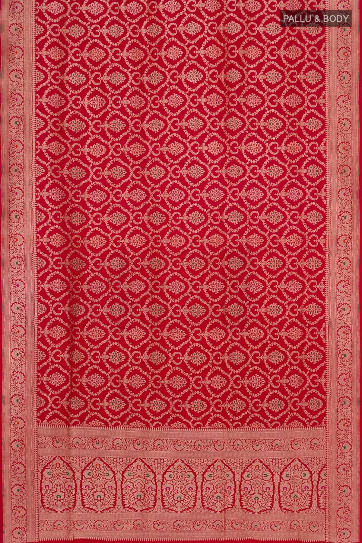 Flat view of Red Banarasi Silk Saree with Zari Brocade on the body and Zari Border. 
