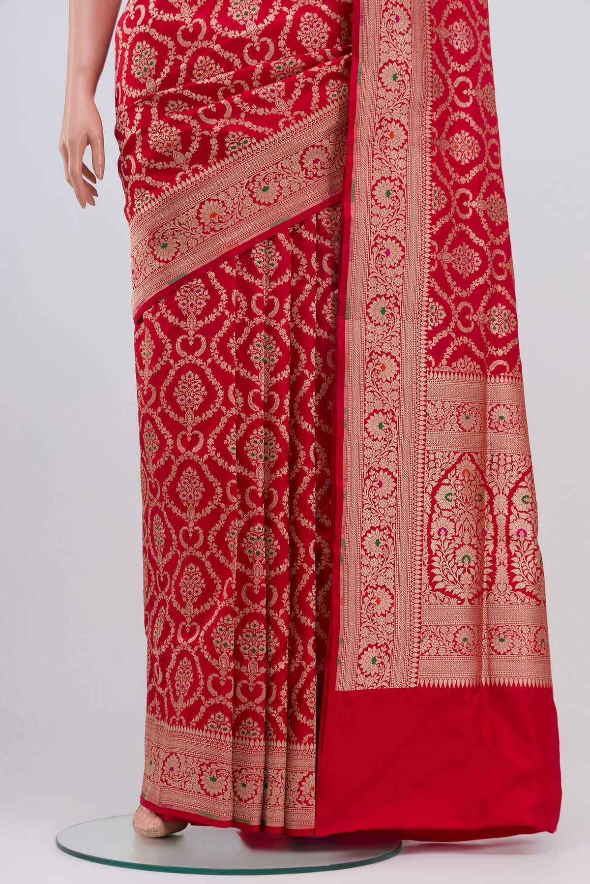 Pleats and pallu of Red Banarasi Silk Saree with Zari Brocade on the body and Zari Border. 