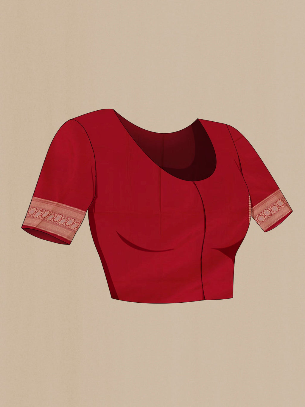 Close up image of the blouse of Red Banarasi Silk Saree with Zari Brocade on the body and Zari Border. 