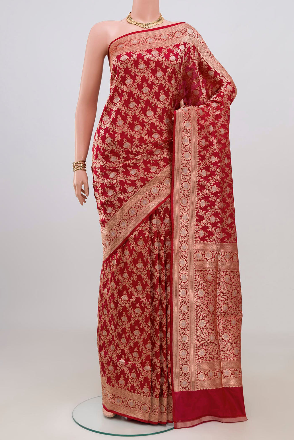 Red Banarasi Silk Saree with Zari Brocade on the body and Zari Border.  displayed on a mannequin
