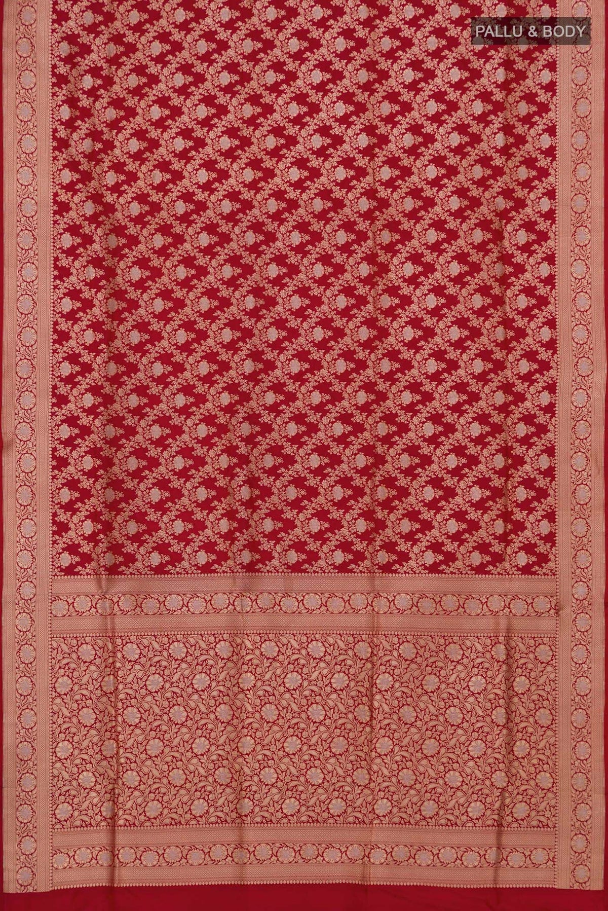 Flat view of Red Banarasi Silk Saree with Zari Brocade on the body and Zari Border. 