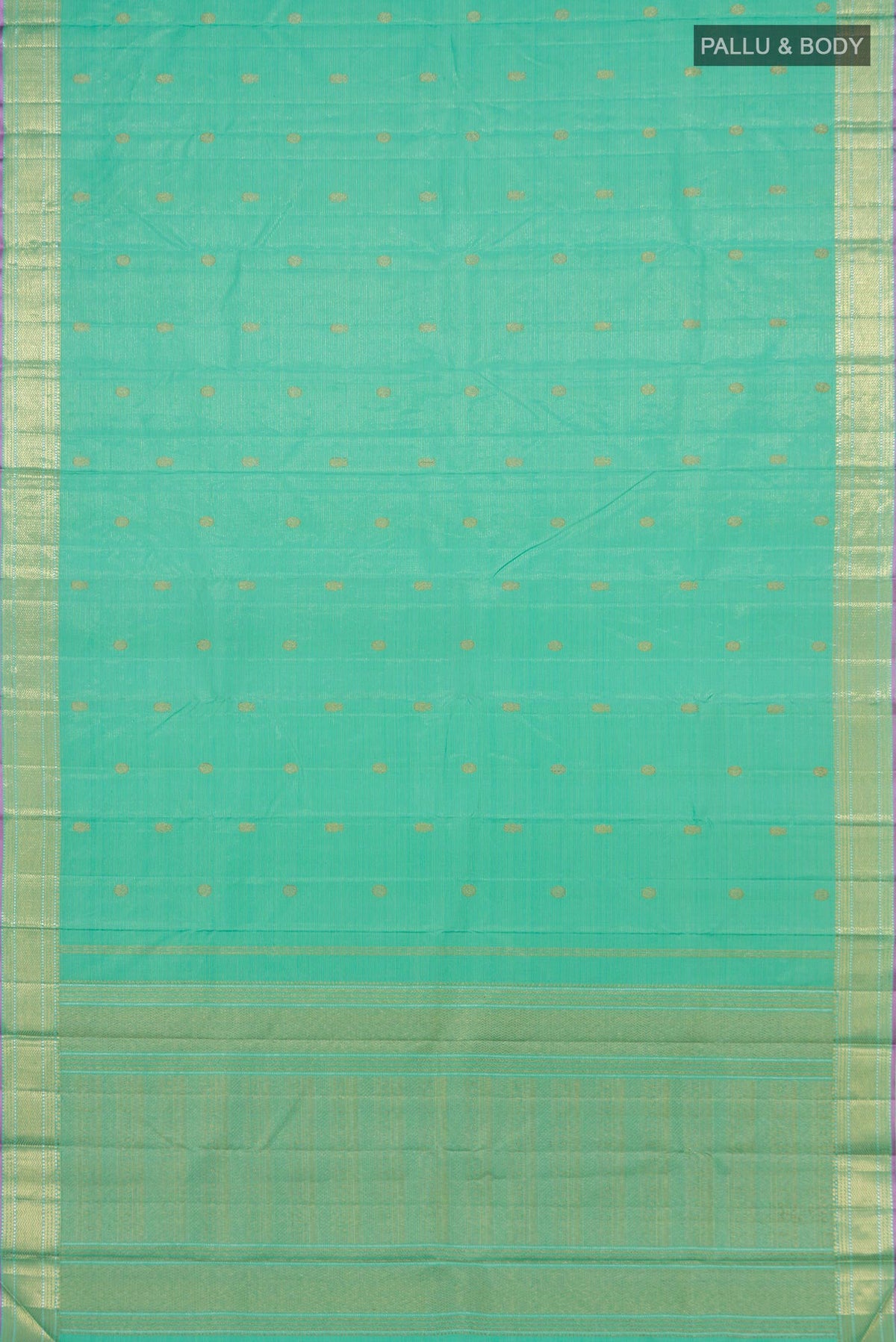 Flat view of Green Kanjivaram Saree with Zari Butta on the body and Zari Border. 