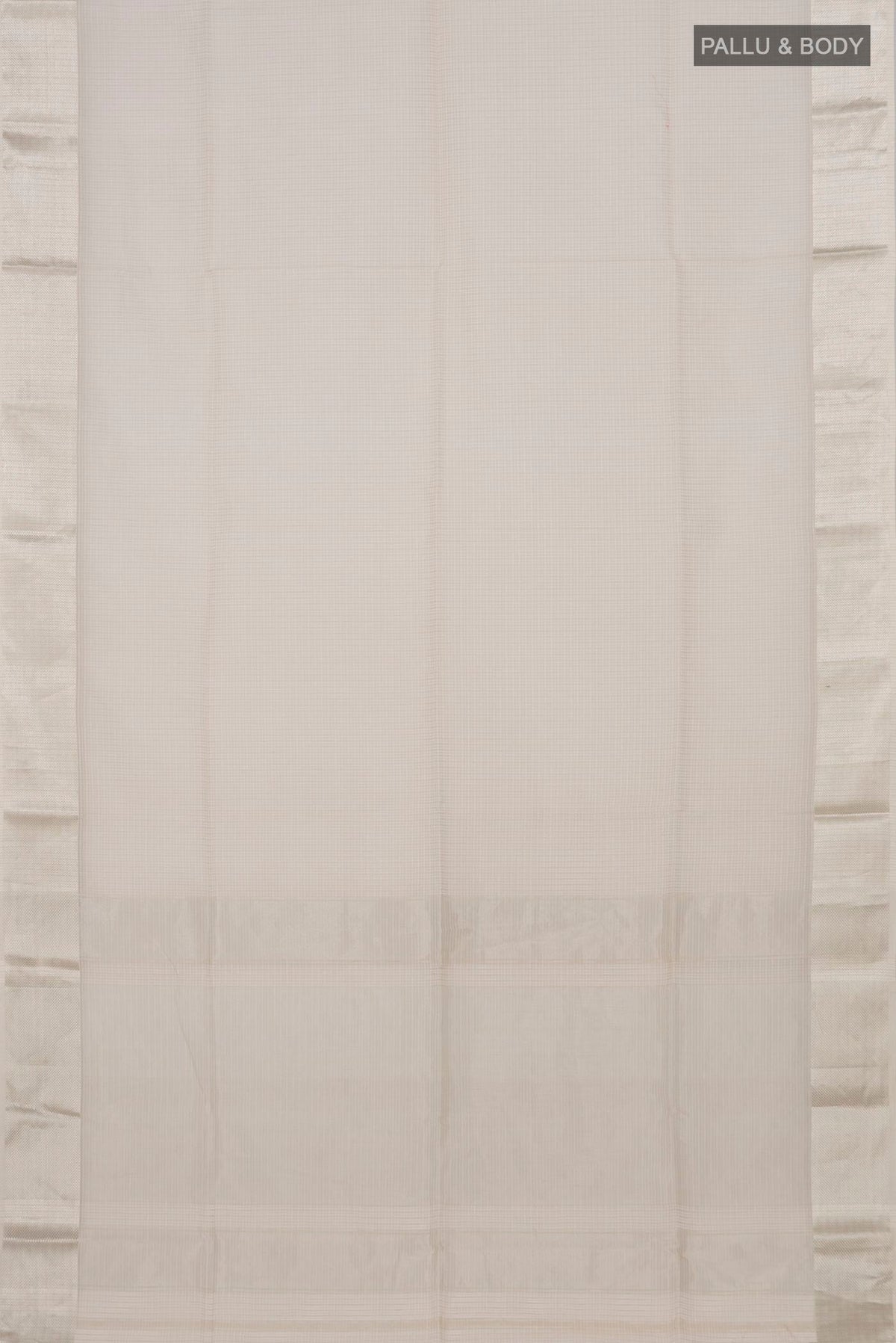 Flat view of White Maheshwari Silk Cotton Saree with Checked design on the body and Zari Border. 