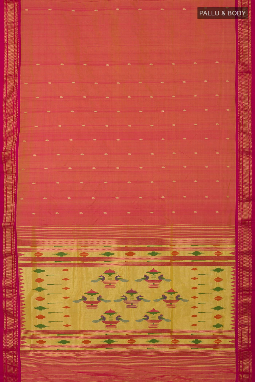Flat view of Pink Paithani Silk Saree with Zari Butta on the body and Zari Border. 