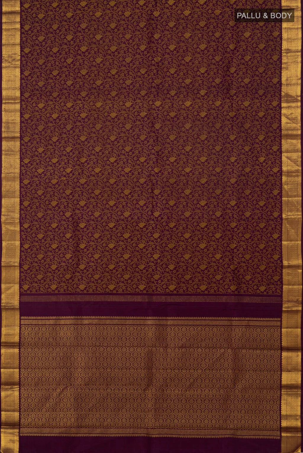 Flat view of Pure Silk Pure Zari Purple Kanjivaram Saree with Jacquard design on the body and Zari Border. 