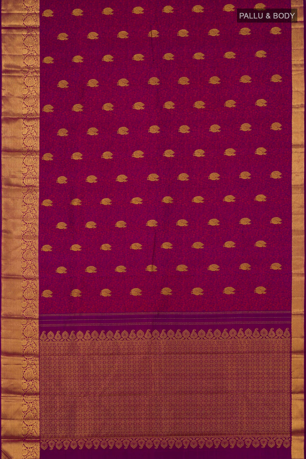 Flat view of Purple Kanjivaram Silk Saree with Jacquard With Zari Butta on the body and Zari Border. 