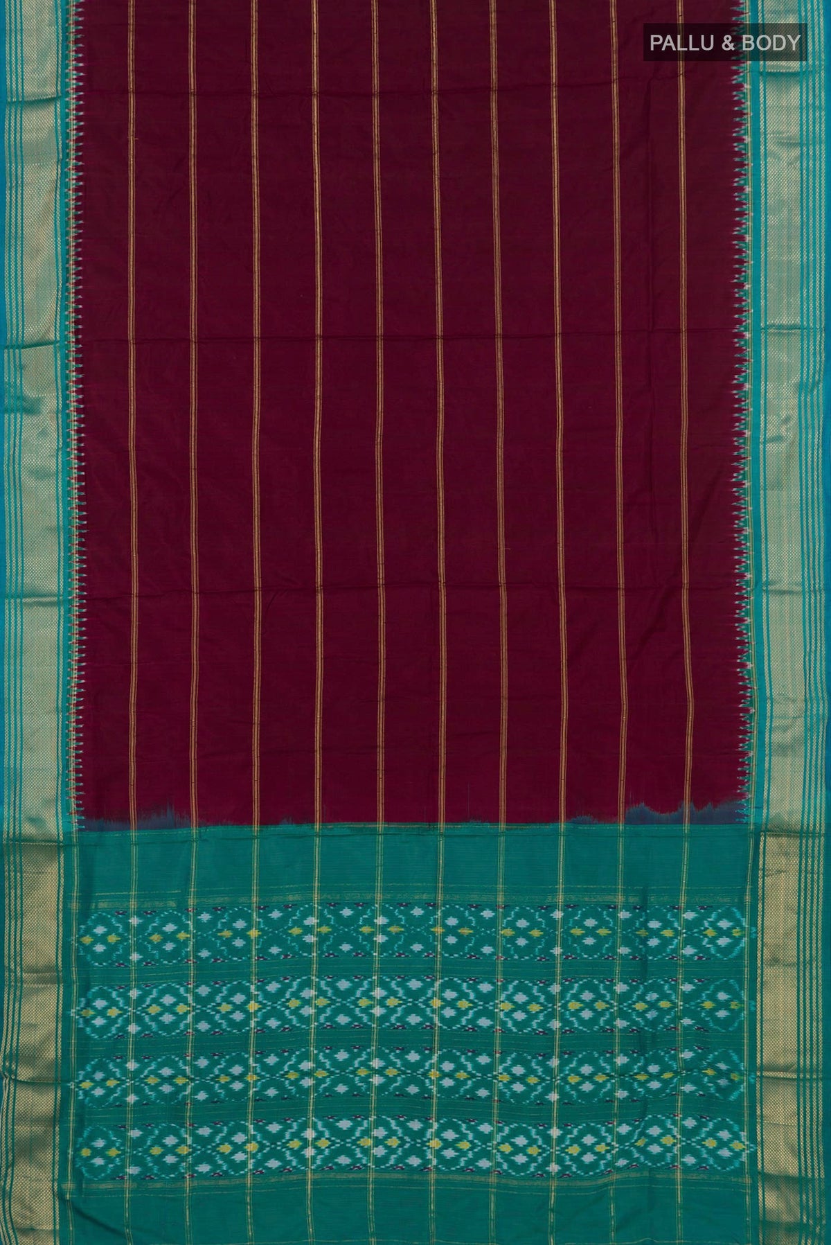 Flat view of Maroon Pochampally Silk Saree with Stripes on the body and Zari Border. 