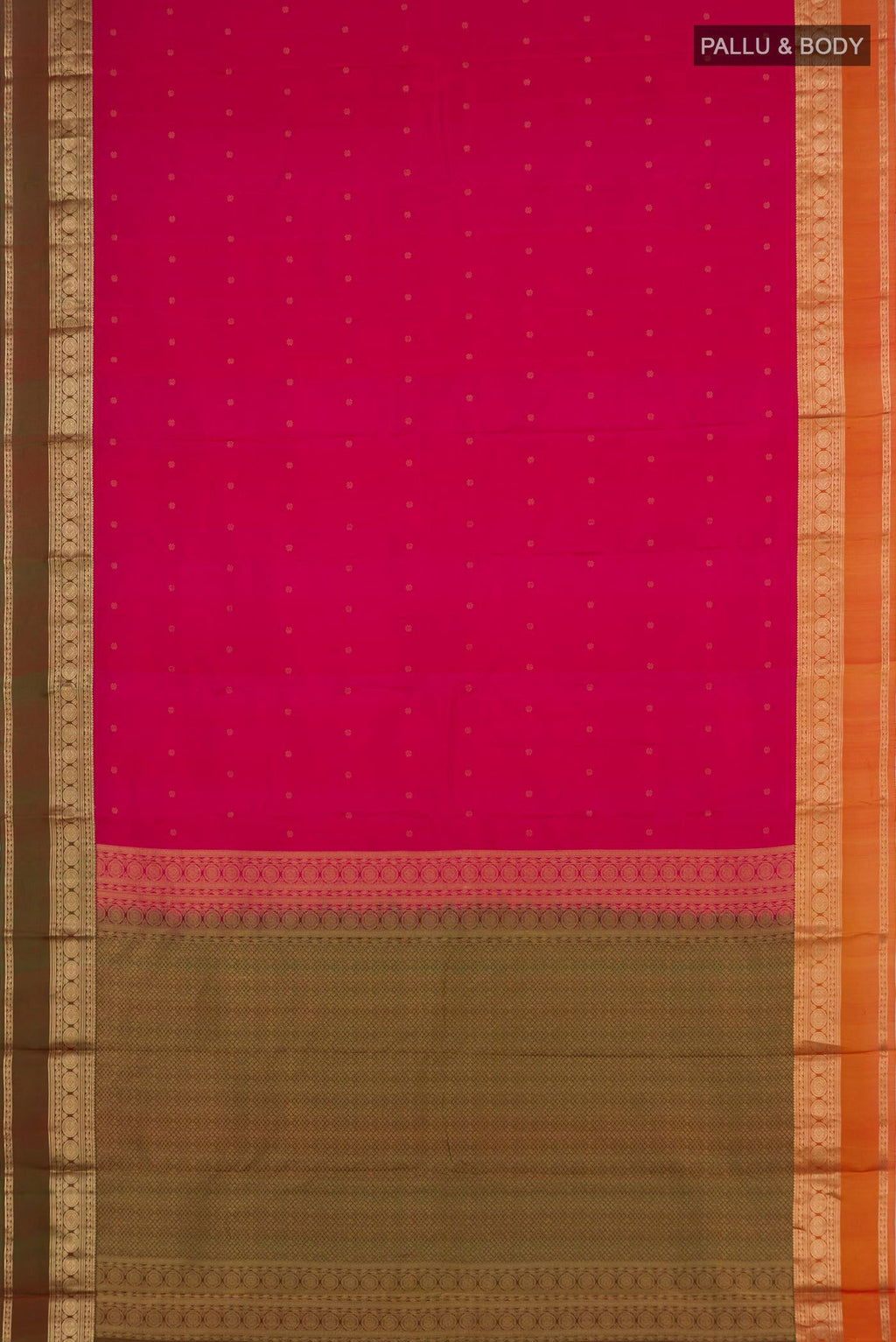 Flat view of Pink Kanchipuram Saree with Zari Butta on the body and Zari Border. 