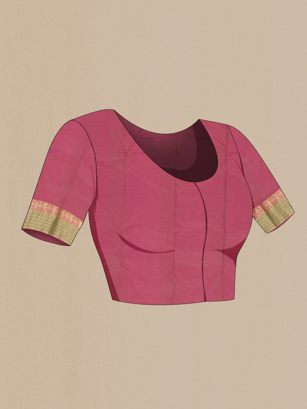 Close up image of the blouse of Cream Kanchipuram Saree with Zari Butta on the body and Zari Border. 