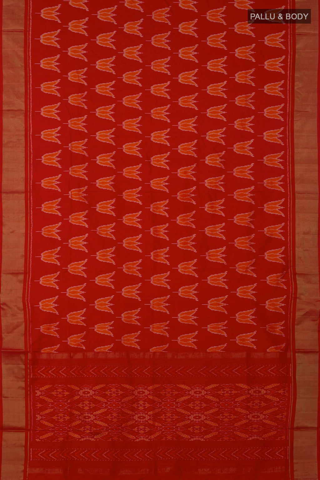 Flat view of Red Pochampally Saree with Ikat design on the body and Zari Border. 