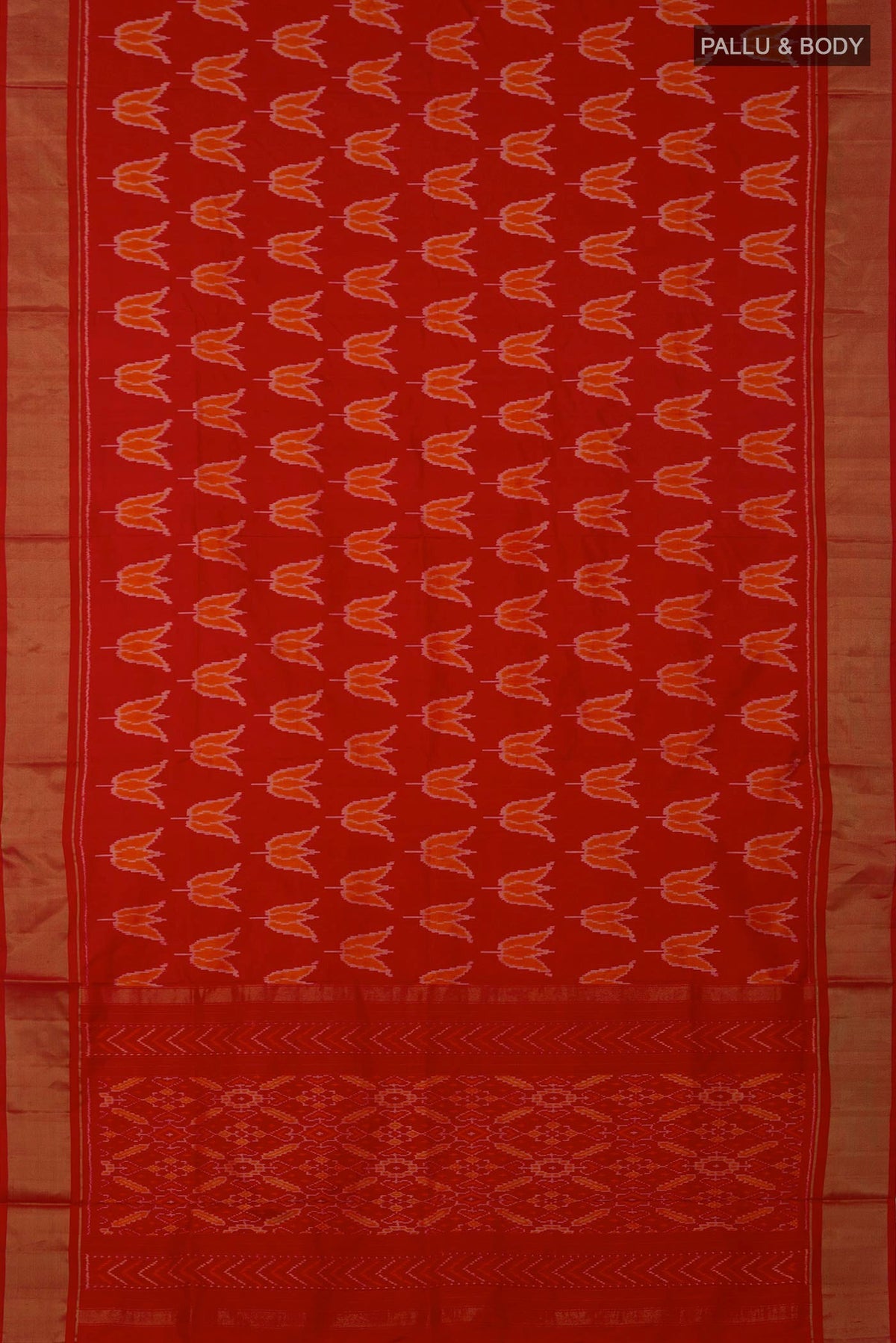 Flat view of Red Pochampally Saree with Ikat design on the body and Zari Border. 