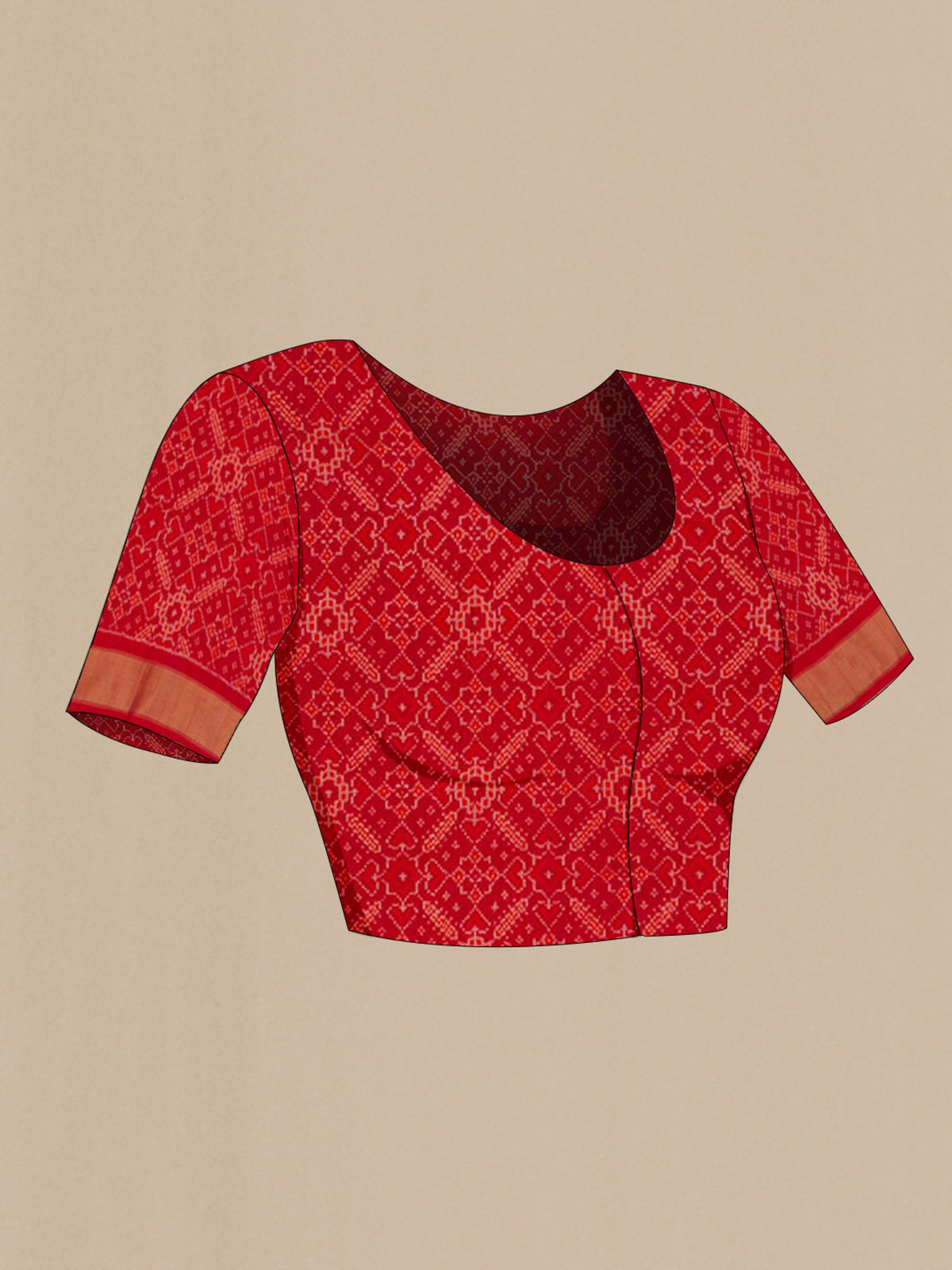 Close up image of the blouse of Black Pochampally Silk Saree with Ikat design on the body and Zari Border. 