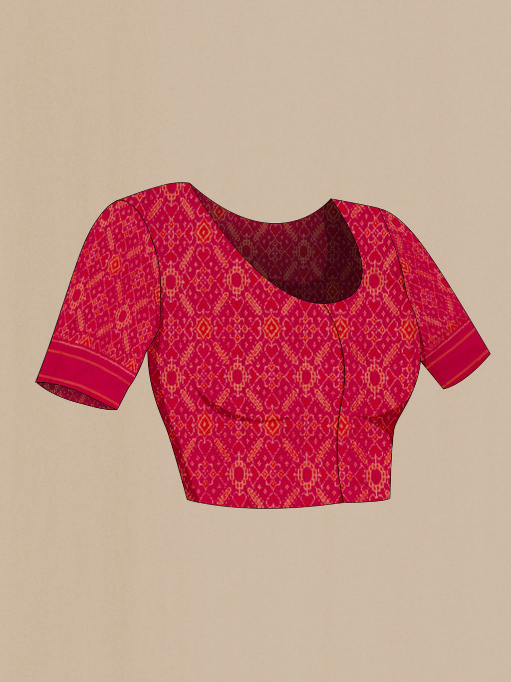 Close up image of the blouse of Pink Pochampally Silk Saree with Ikat design on the body and Plain Border. 
