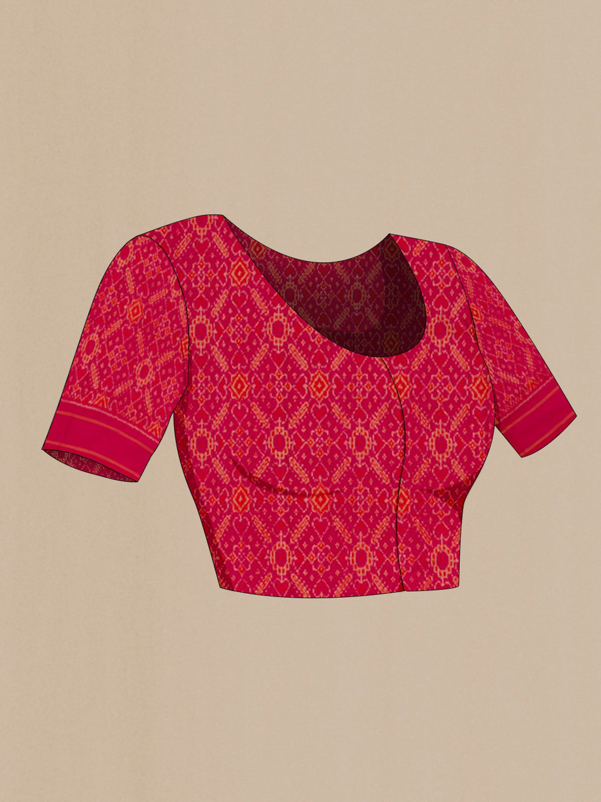 Close up image of the blouse of Pink Pochampally Silk Saree with Ikat design on the body and Plain Border. 