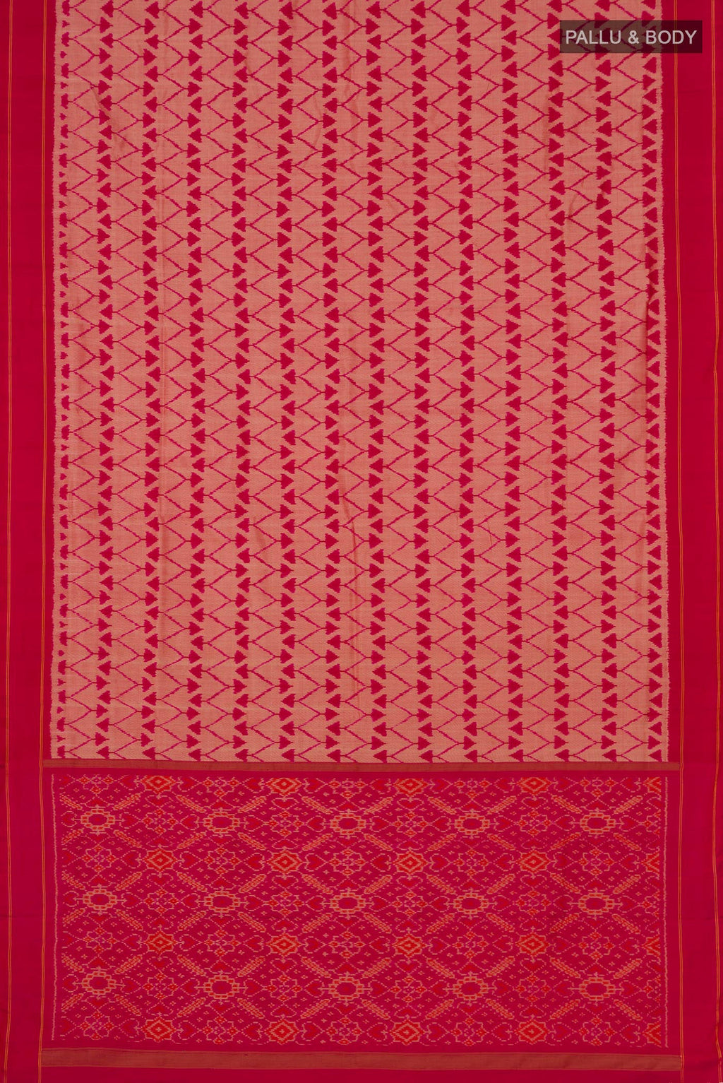 Flat view of Pink Pochampally Silk Saree with Ikat design on the body and Plain Border. 