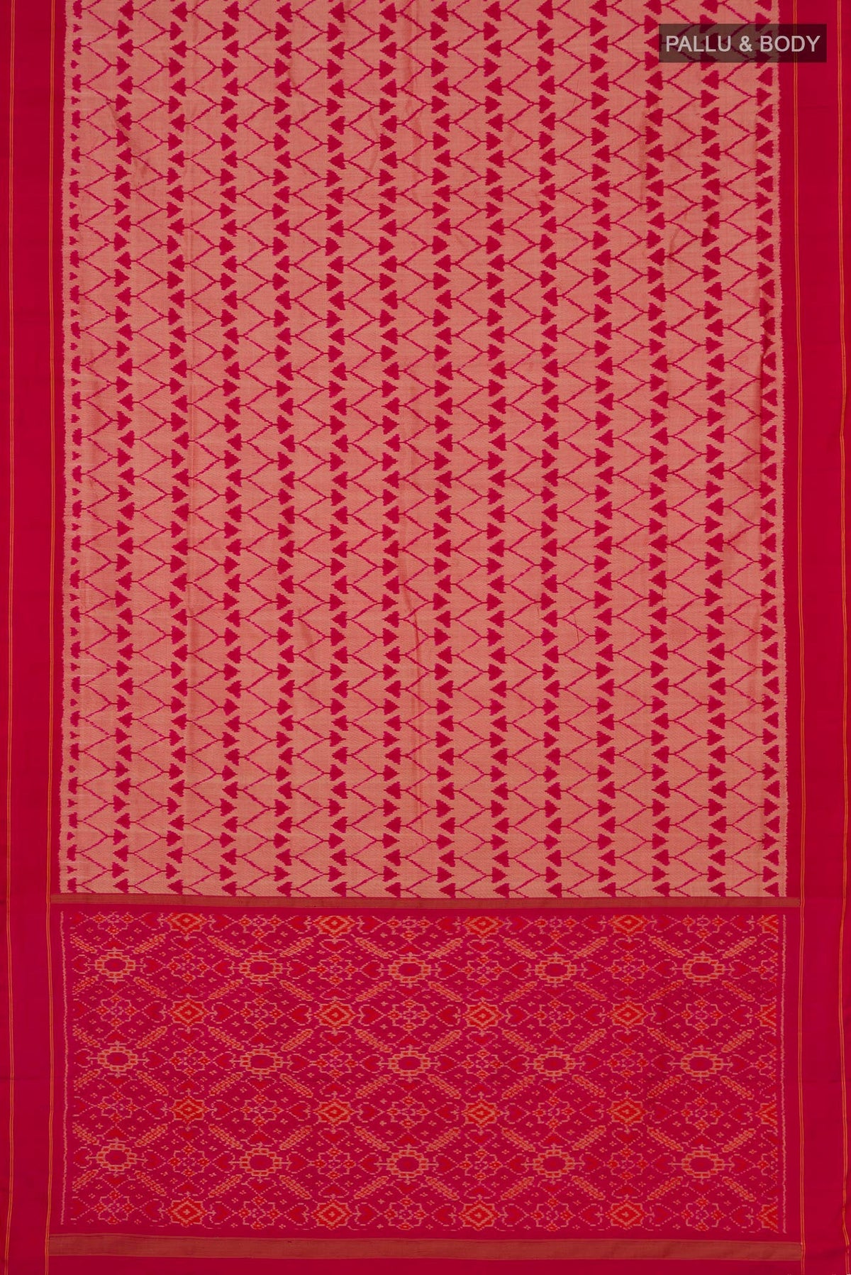 Flat view of Pink Pochampally Silk Saree with Ikat design on the body and Plain Border. 