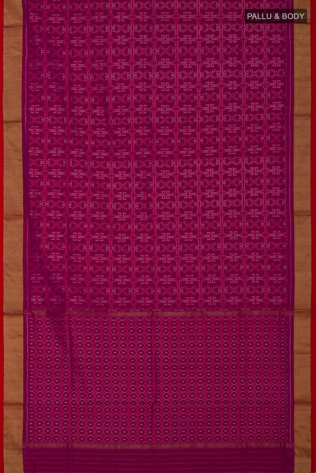 Flat view of Purple Pochampally Silk Saree with Ikat design on the body and Zari Border. 