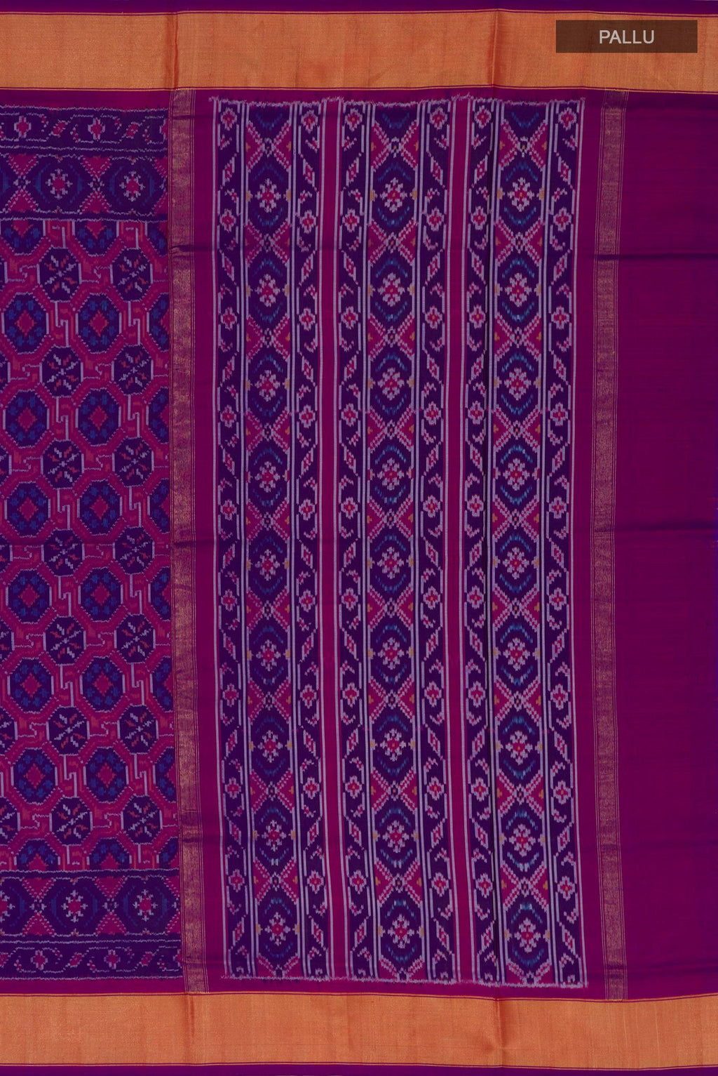 Close up image of the pallu of Purple Pochampally Silk Saree with Ikat design on the body and Zari Border. 