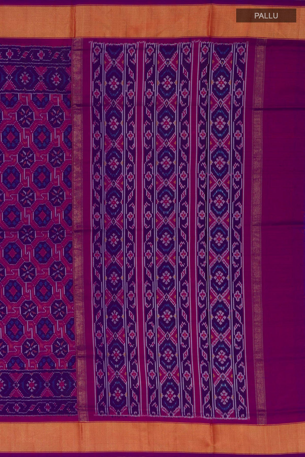 Close up image of the pallu of Purple Pochampally Silk Saree with Ikat design on the body and Zari Border. 