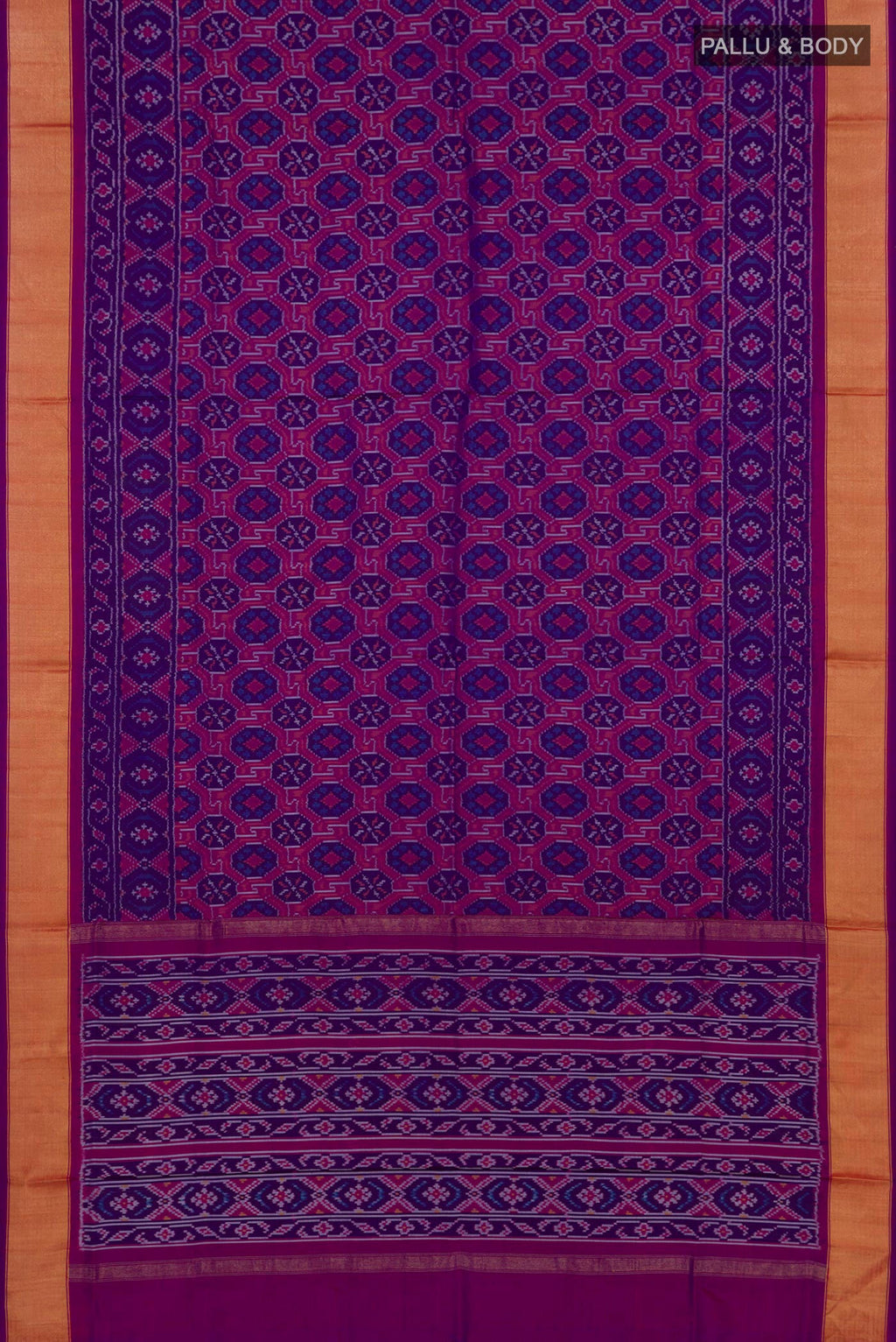 Flat view of Purple Pochampally Silk Saree with Ikat design on the body and Zari Border. 