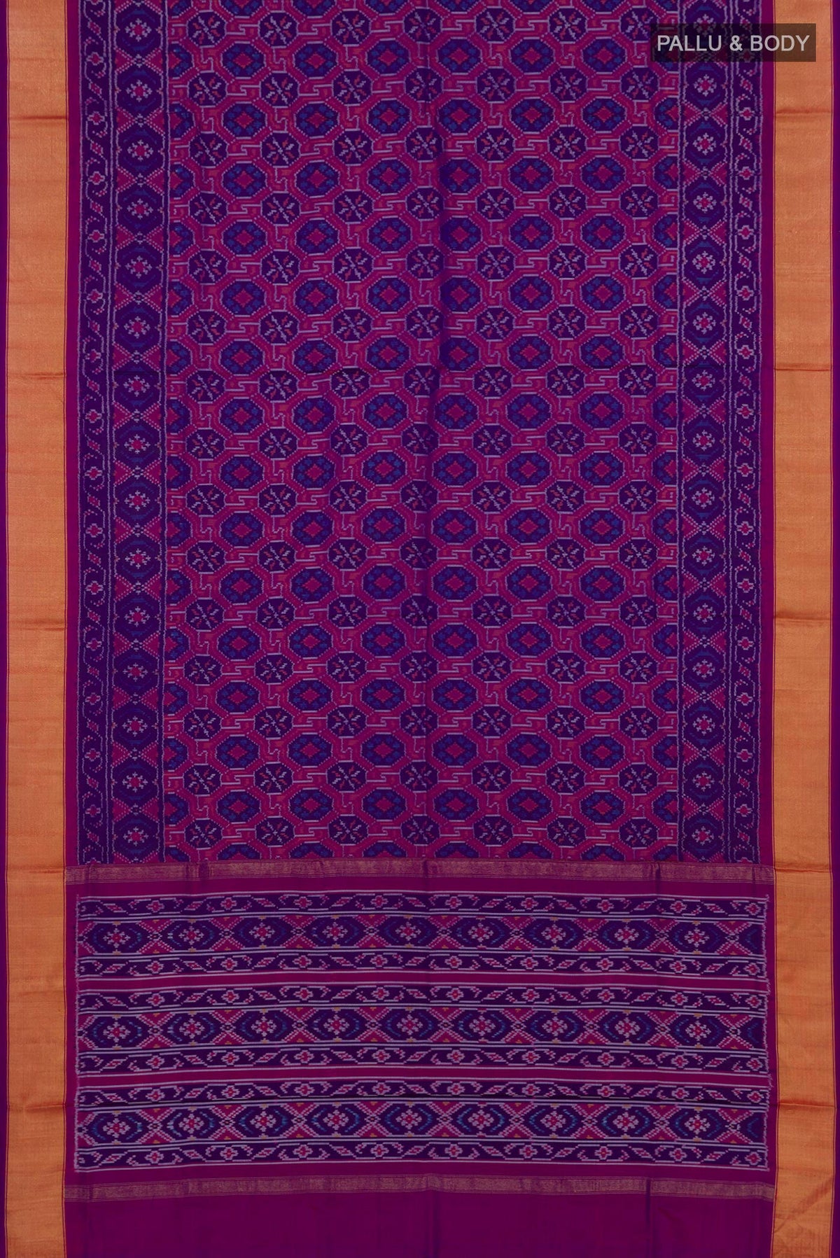 Flat view of Purple Pochampally Silk Saree with Ikat design on the body and Zari Border. 