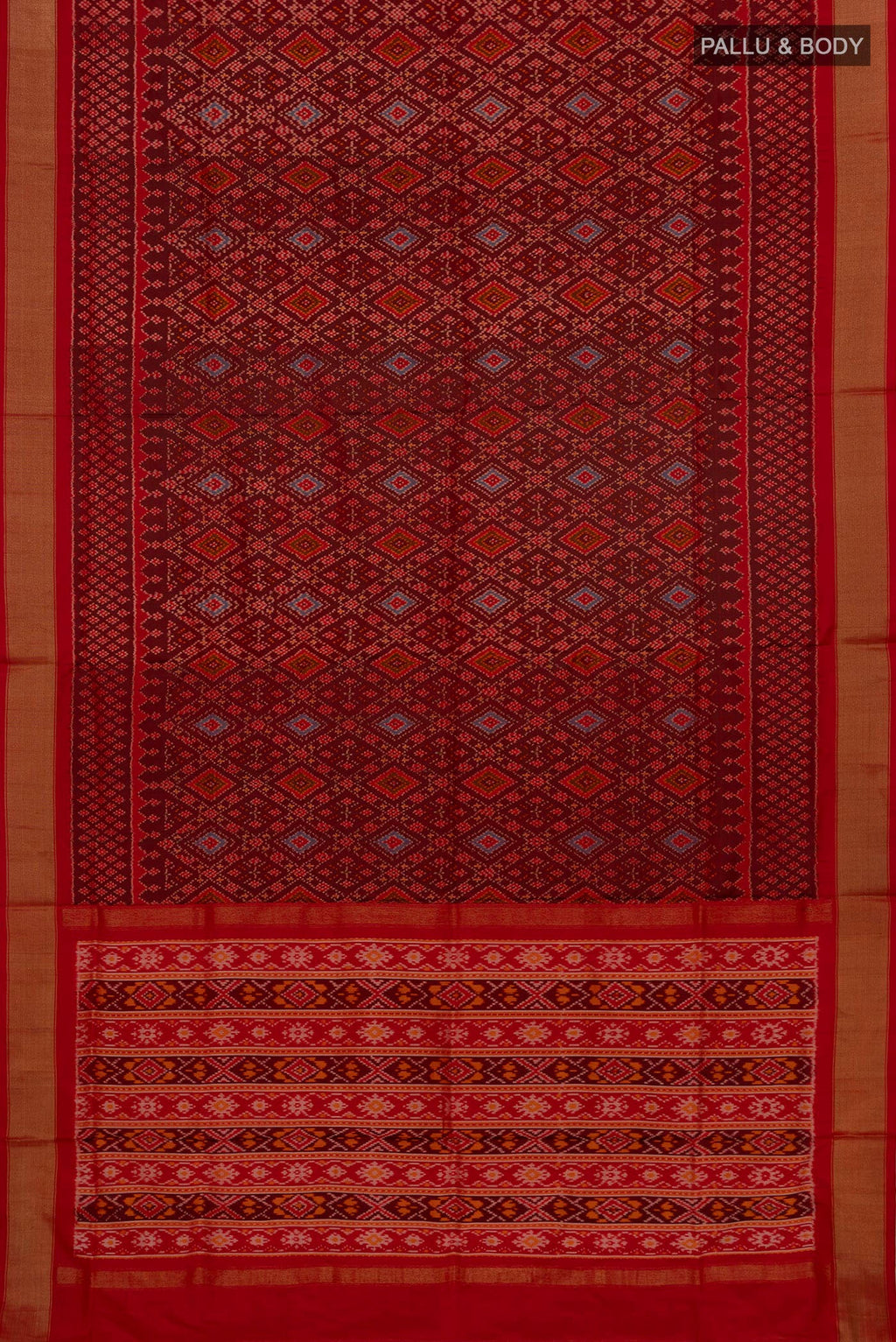 Flat view of Red Pochampally Silk Saree with Ikat Print on the body and Zari Border. 