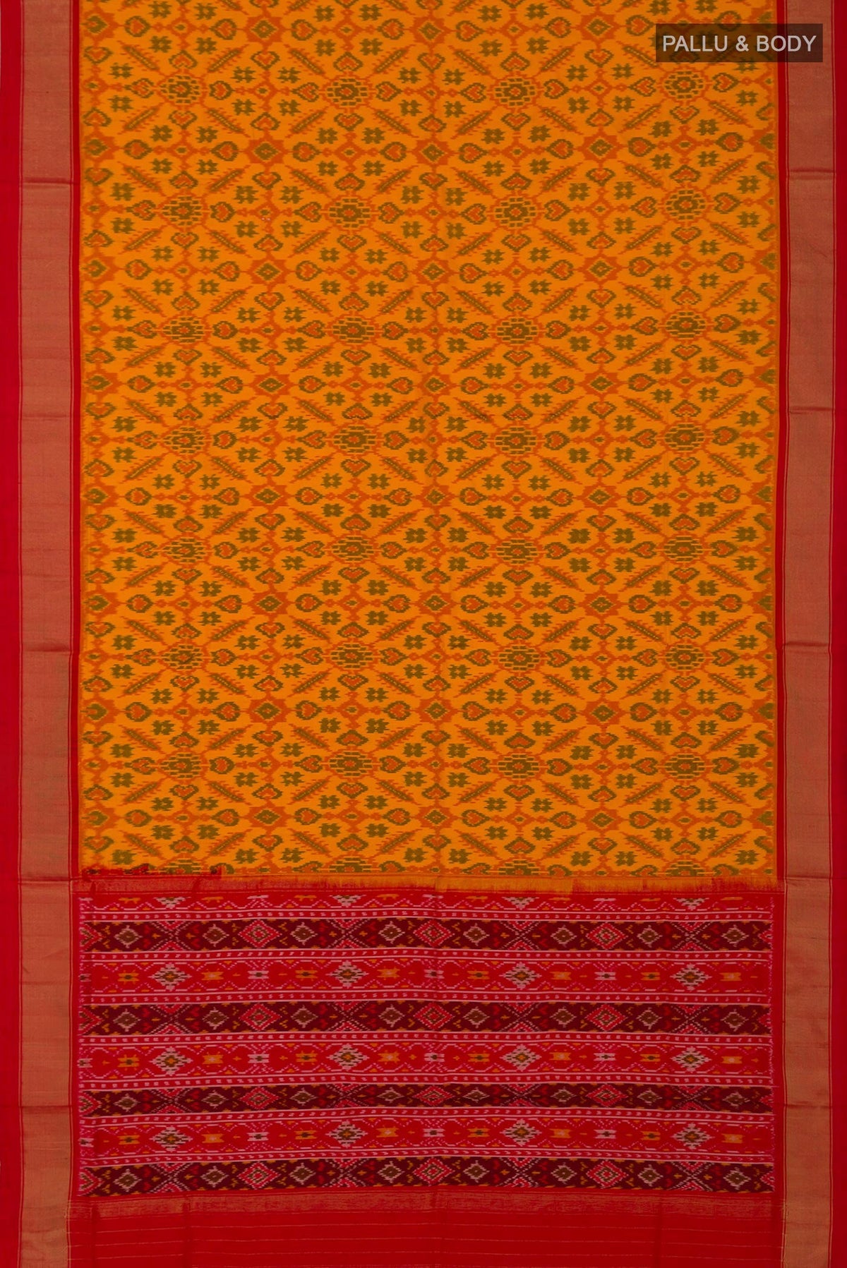 Flat view of Yellow Pochampally Silk Saree with Ikat design on the body and Zari Border. 