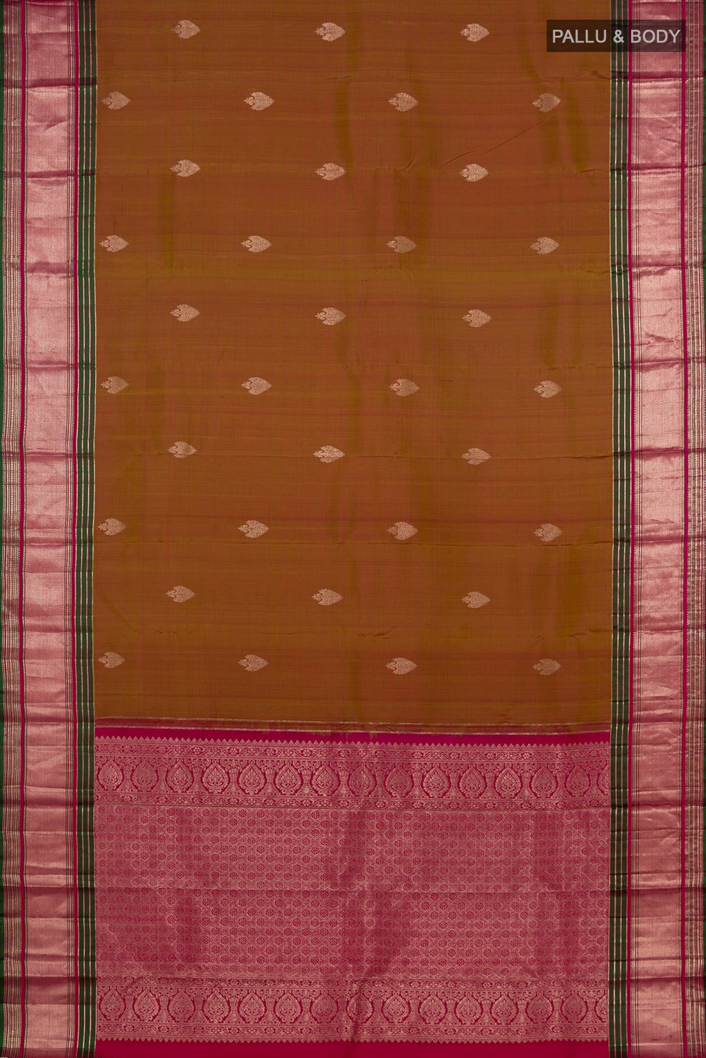 Flat view of Green Kanjivaram Saree with Zari Butta on the body and Zari Border. 