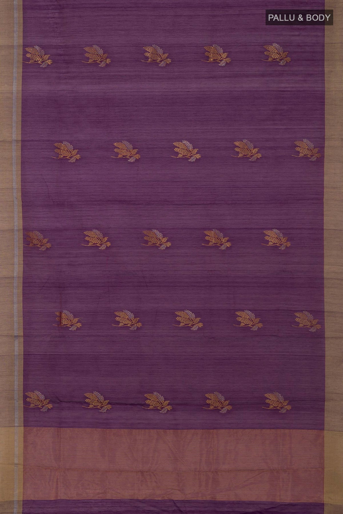 Flat view of Purple Chanderi Silk Cotton Saree with Zari Butta on the body and Zari Border. 