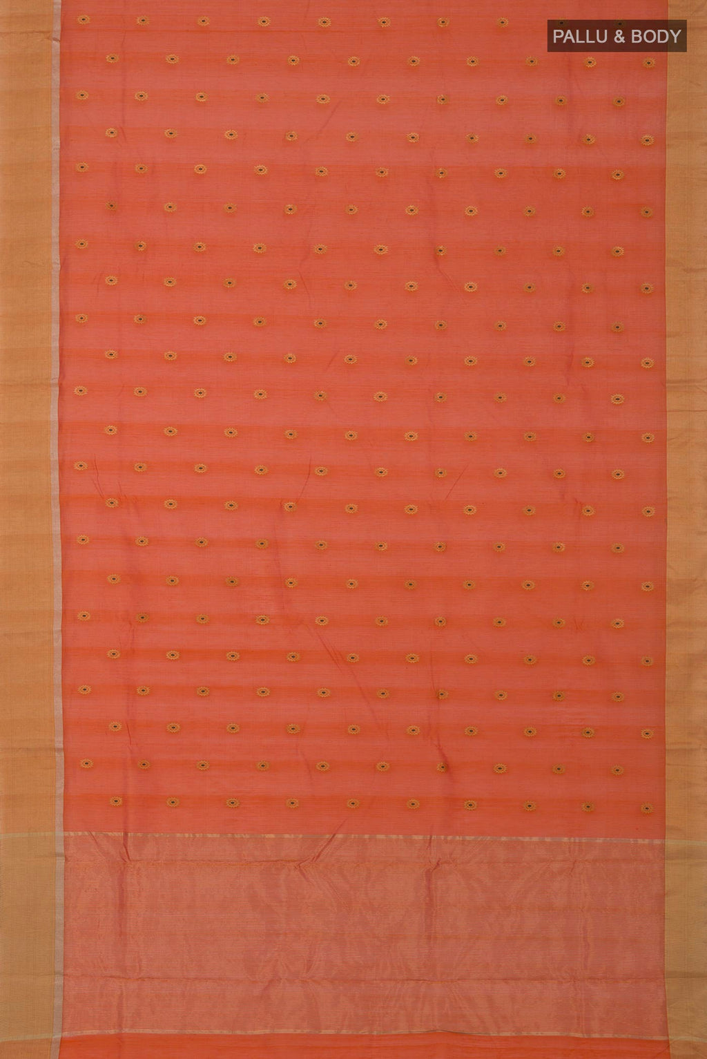 Flat view of Brick Orange Chanderi Silk Cotton Saree with Zari Butta on the body and Zari Border. 