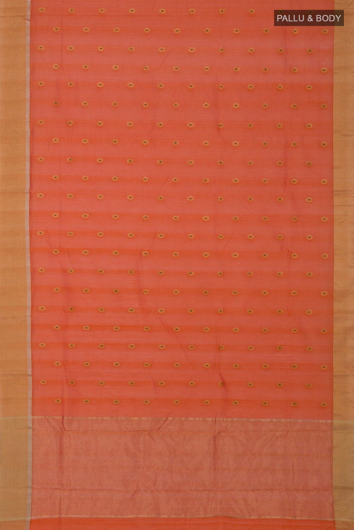 Flat view of Brick Orange Chanderi Silk Cotton Saree with Zari Butta on the body and Zari Border. 