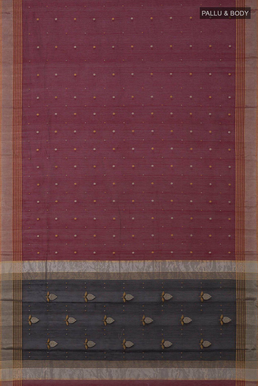 Flat view of Maroon Chanderi Silk Cotton Saree with Zari Butta on the body and Zari Border. 
