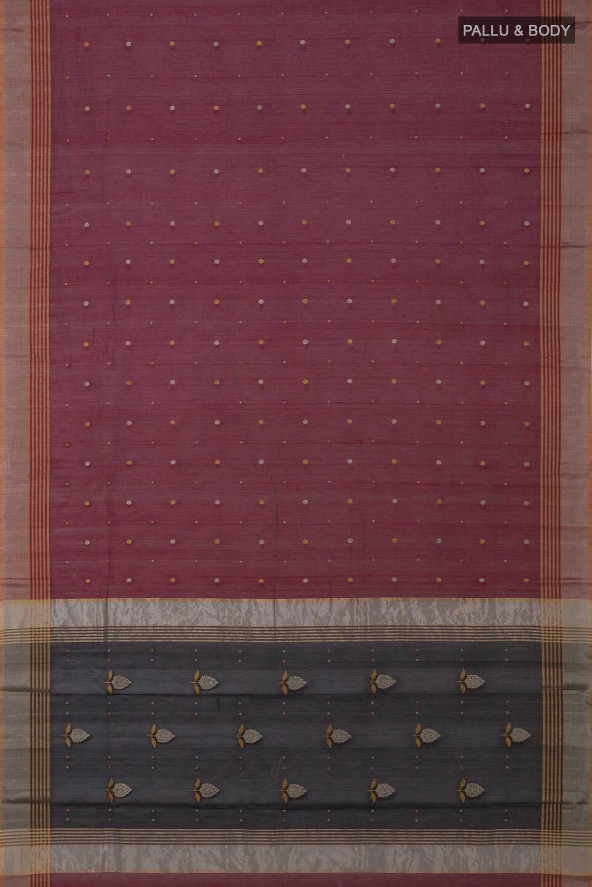 Flat view of Maroon Chanderi Silk Cotton Saree with Zari Butta on the body and Zari Border. 