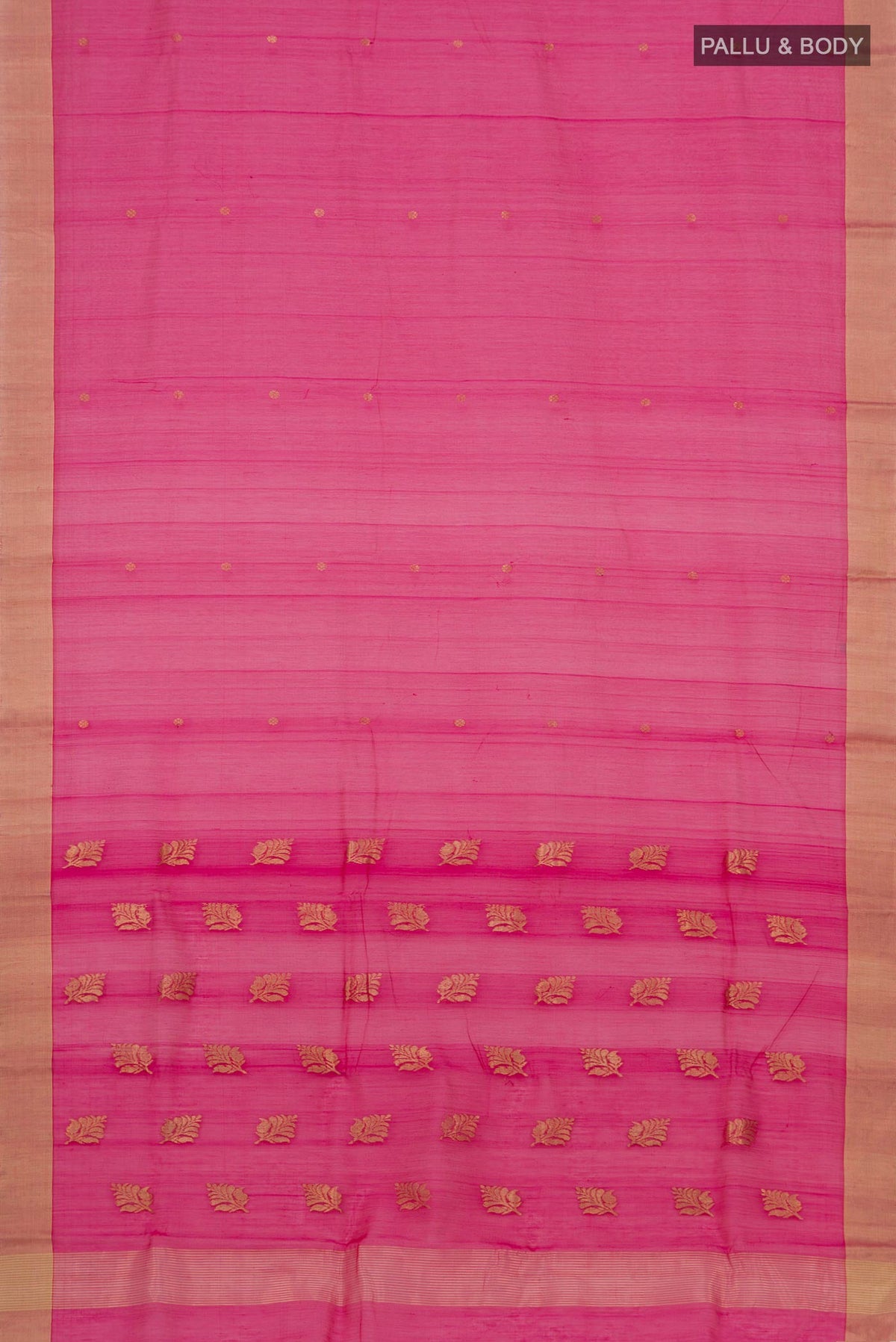 Flat view of Dark Pink Chanderi Silk Cotton Saree with Zari Butta on the body and Zari Border. 